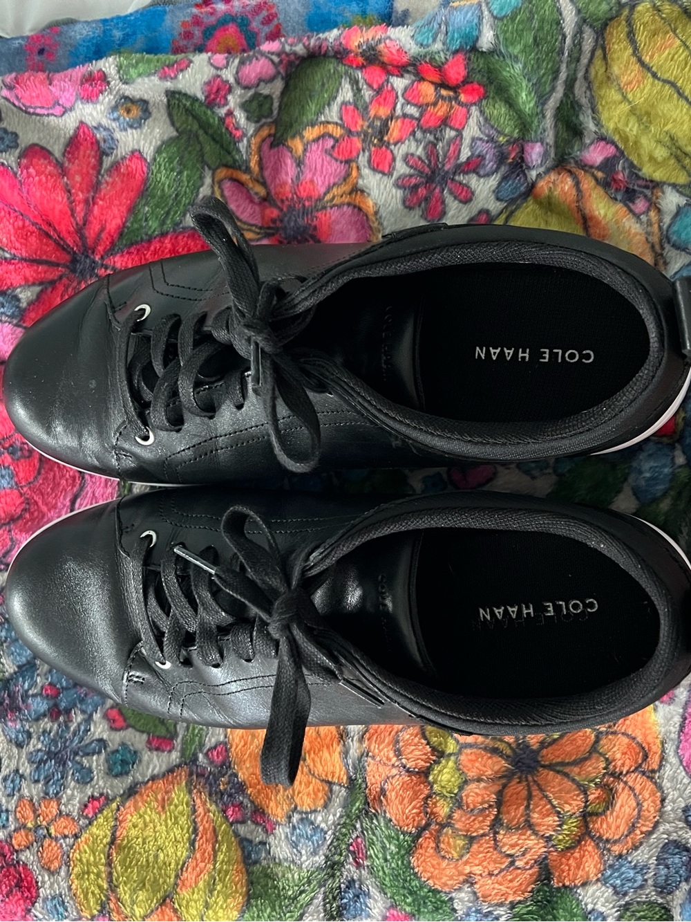 Cole Haan Black Leather Lace-Up Sneakers with Subtle White Heel Trim